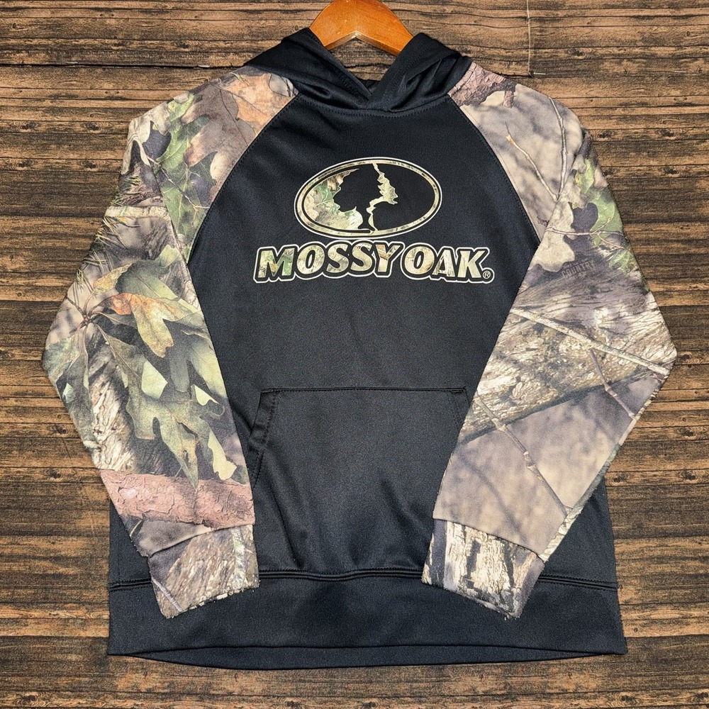 Mossy Oak Boys Black Camo Hoodie Youth Size L Hunting Camping Fishing